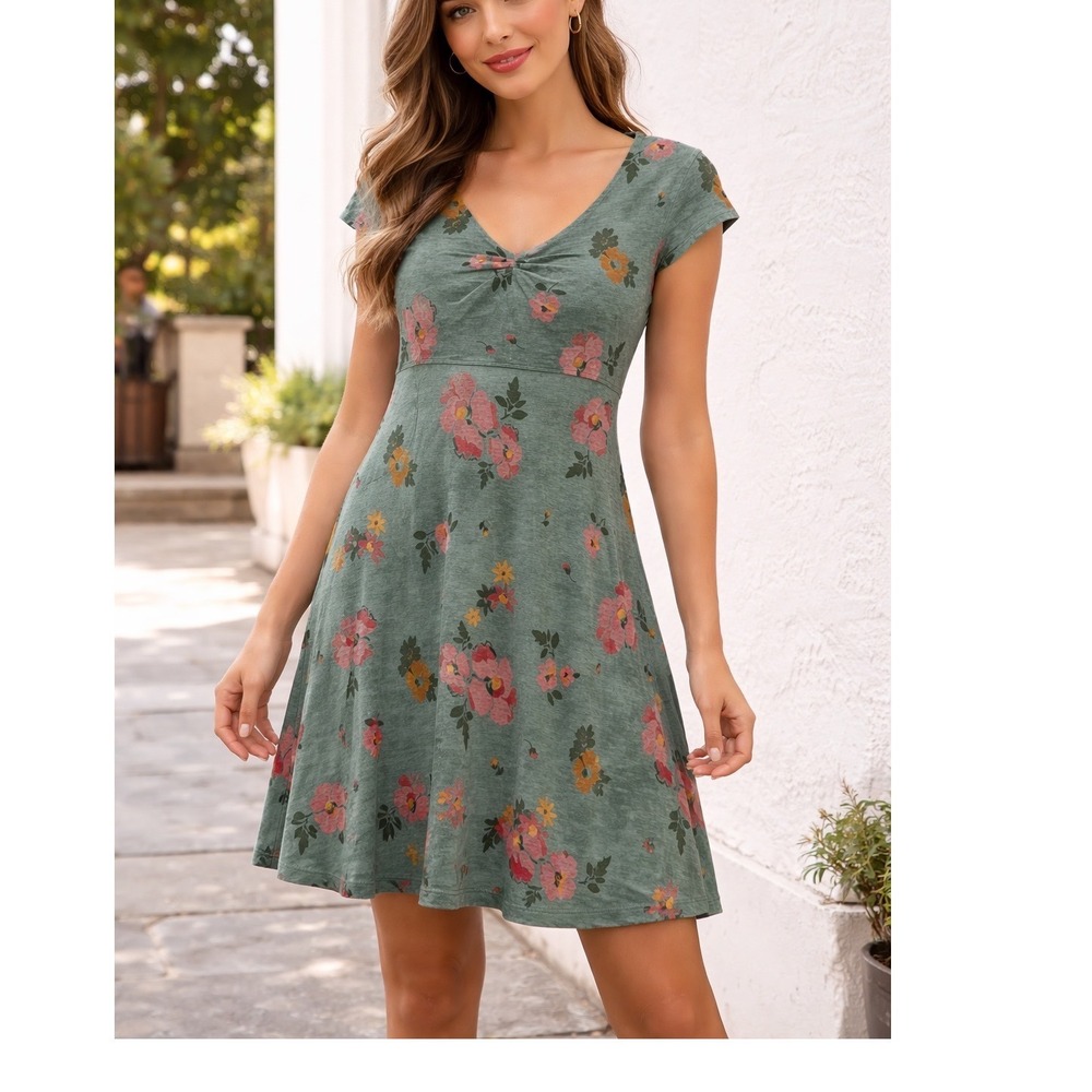 Toad&Co Floral V-Neck Mini Dress Womens Large Green Pink Good Cap Sleeve Pocket